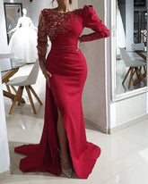 Mermaid Ball Luxury Evening dress Sparkling crewneck decal long sleeve sexy sweep train beaded crystal side slit ladies robe